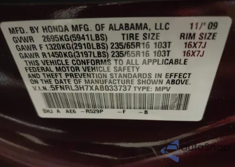 2010 Honda Odyssey Exl z USA, uszkodzony, nr VIN 5FNRL3H7XAB033737